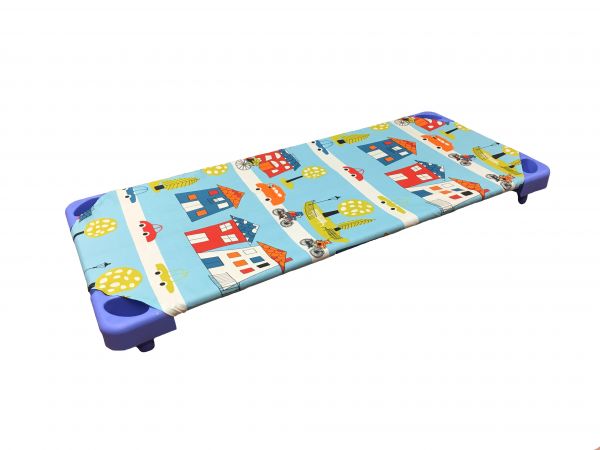 Bölcsődei vászonlepedő - városos - kék, sarokgumis